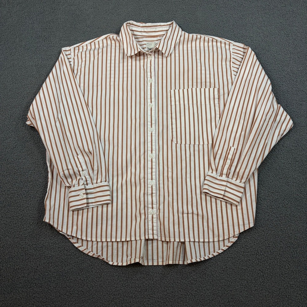 A New Day Button Down Shirt Womens XL Brown White Striped Long Sleeve Oversized